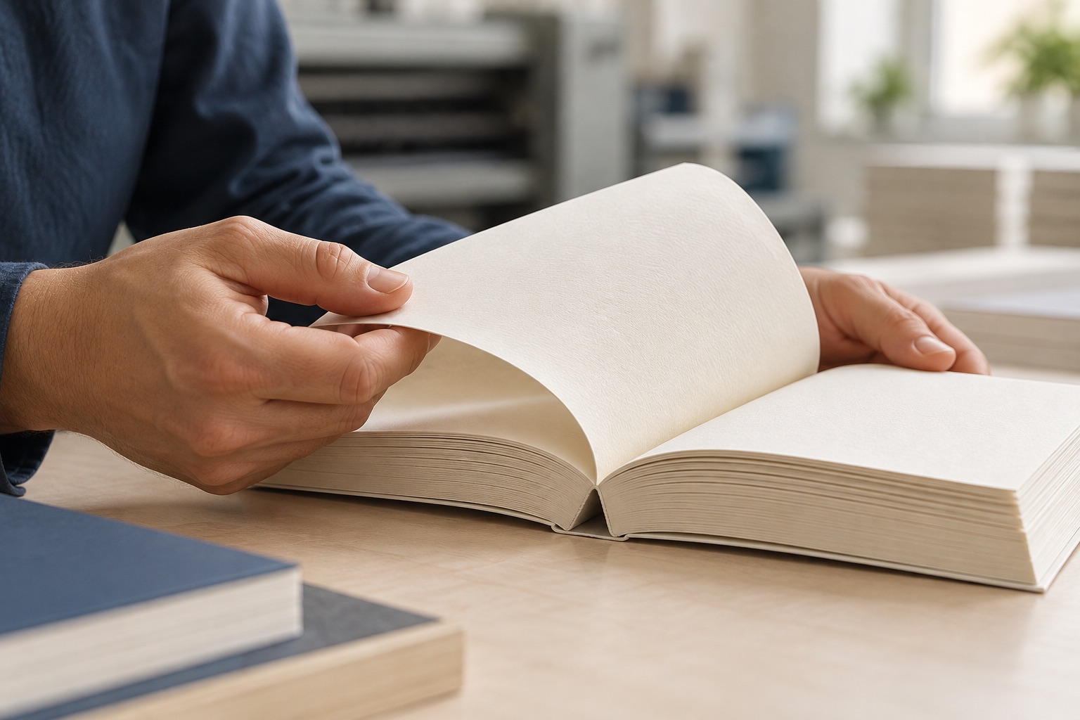 Mains feuilletant un livre imprimé sur papier crème