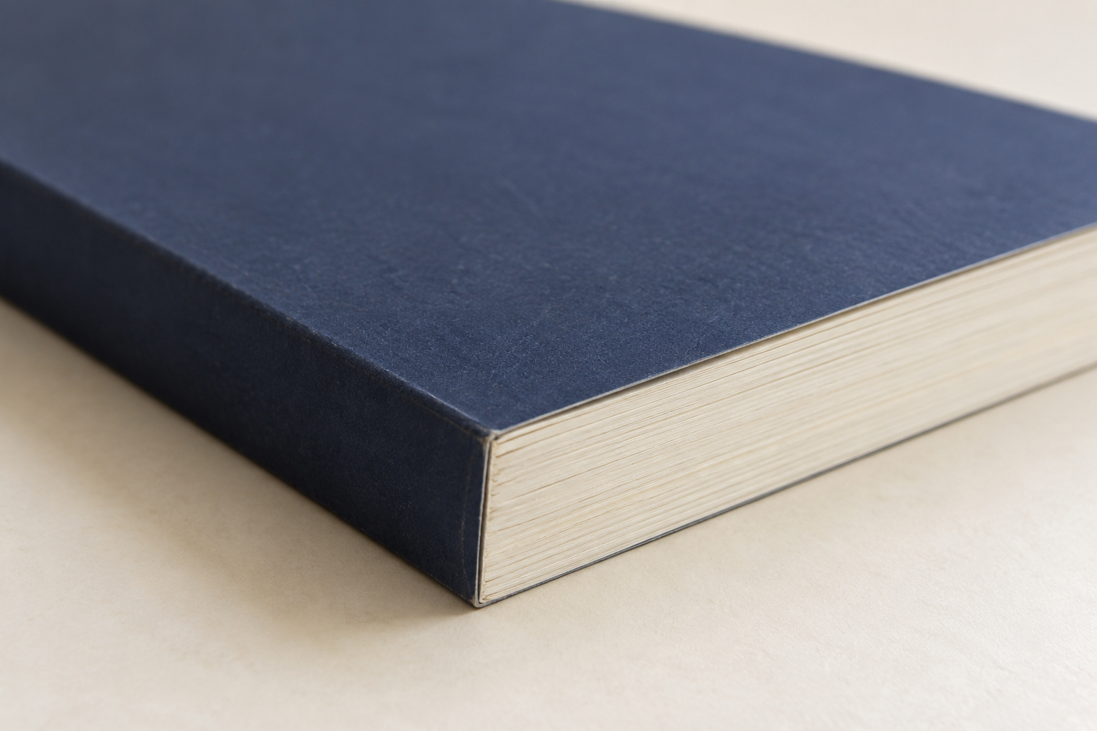 Gros plan d’un livre broché fermé à couverture bleu foncé, dos et tranches de pages crème.