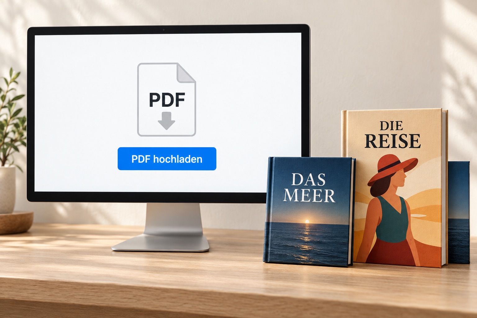 Écran avec téléversement PDF et livres reliés – illustration